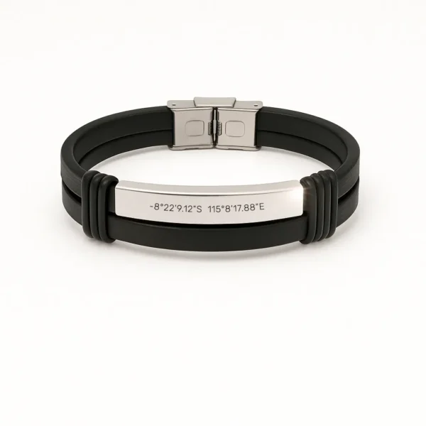 צמיד עם כסף, מתנה יוקרתית לגבר עם קואורדינטות של המקום שלכם