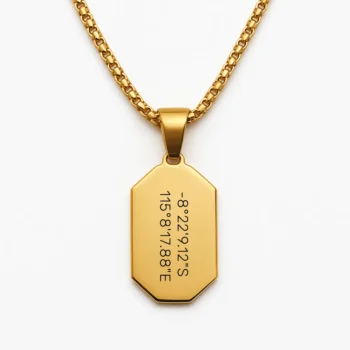 שרשרת מלבנית פלדת אל חלד יוקרתית עם חריטה ייחודית והנצחת מיקום יקר לליבכם