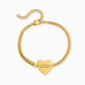 צמיד חריטה לב עדין, מתנה יוקרתית לאישה עם חריטה של נקודת ציון של מקום חשוב ללב