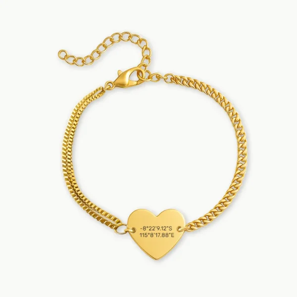 צמיד חריטה לב עדין, מתנה יוקרתית לאישה עם חריטה של נקודת ציון של מקום חשוב ללב