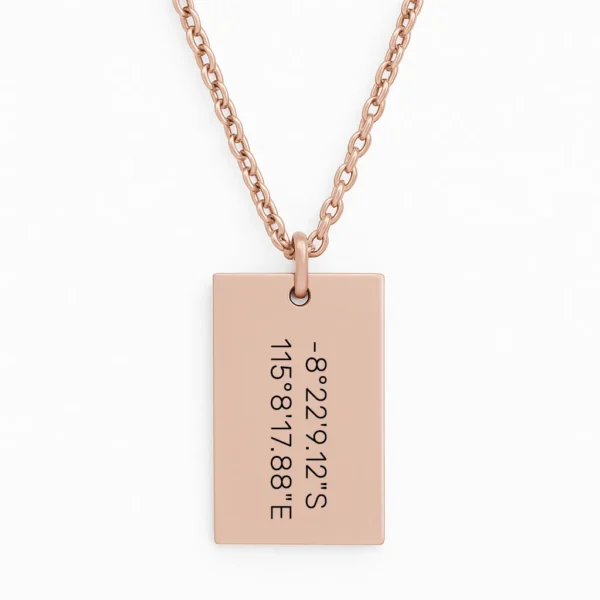 שרשרת מלבנית פלדת אל חלד יוקרתית עם חריטה ייחודית של מיקום חשוב לליבכם