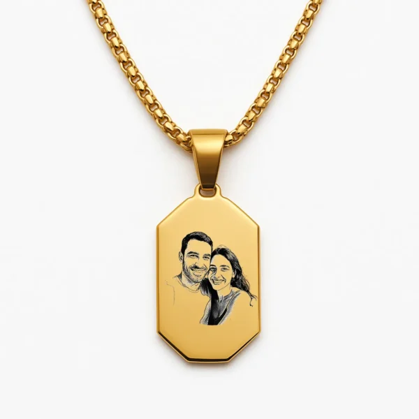 שרשרת מלבנית פלדת אל חלד יוקרתית עם חריטה ייחודית של איור זוגי