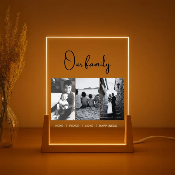 מתנה מעוצבת לבית מנורה משפחתית עם תמונה - מנורה עם 3 תמונות ומשפט לאורך