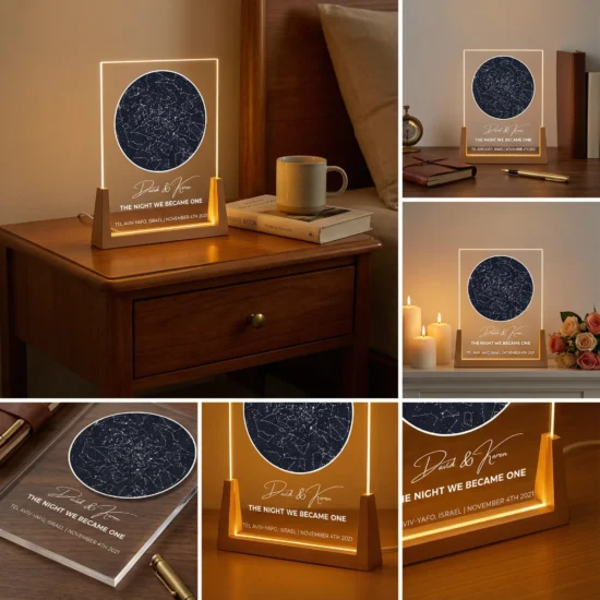 מתנה מעוצבת אישית עם תמונה - מנורה רומנטית בעיצוב מפת כוכבים לאורך