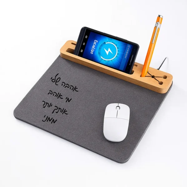 משטח/ פד מתנה לעכבר רב-שימושי למשרד עם טעינה אלחוטית לנייד והקדשה אישית