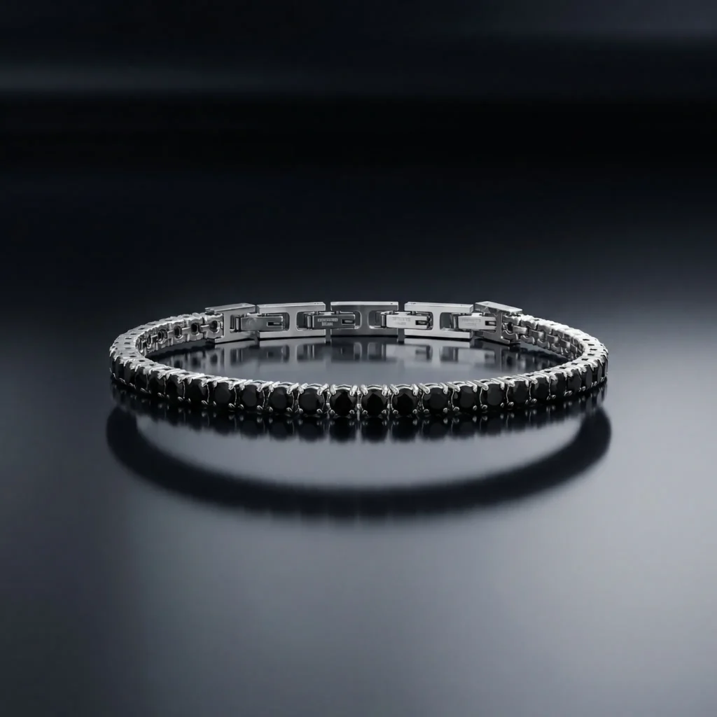 ⁦צמיד טניס בשילוב זרקונים מתנה יוקרתית לגבר שחור וכסף⁩ – תמונה ⁦7⁩