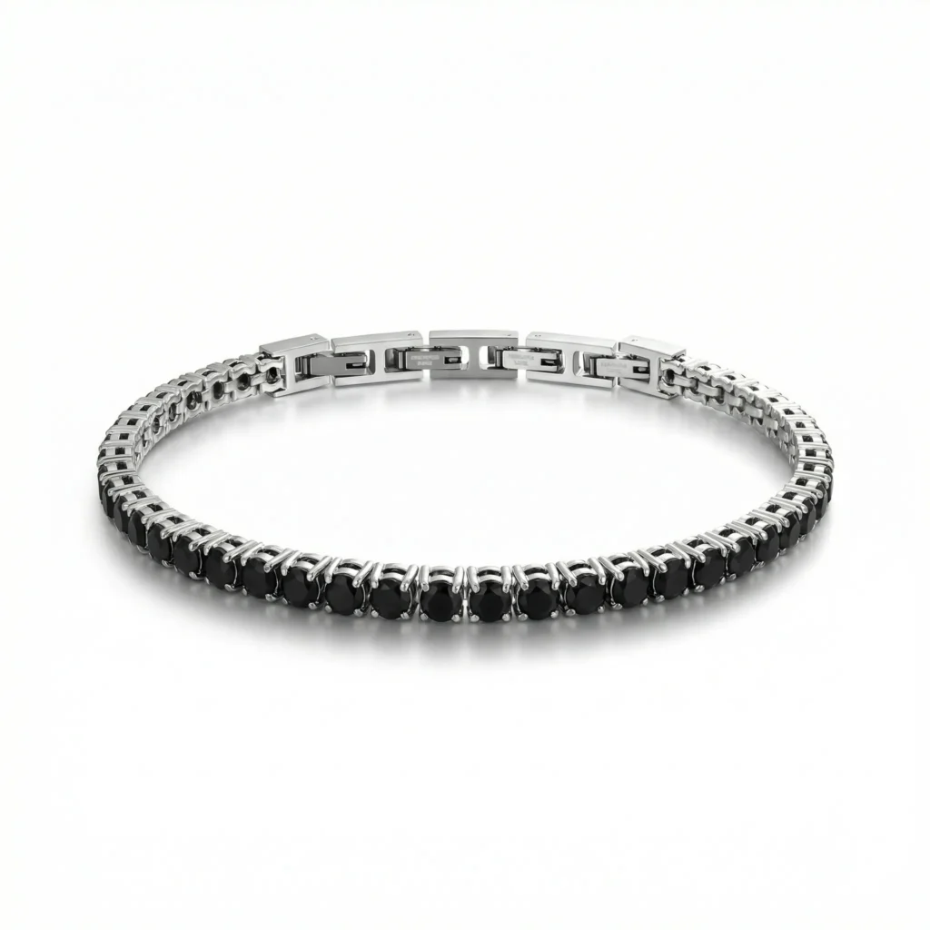 ⁦צמיד טניס בשילוב זרקונים מתנה יוקרתית לגבר שחור וכסף⁩ – תמונה ⁦2⁩