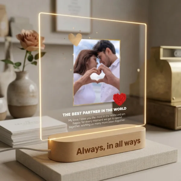 מנורה מעוצבת אישית עם תמונה - מתנה רומנטית לבן או בת הזוג