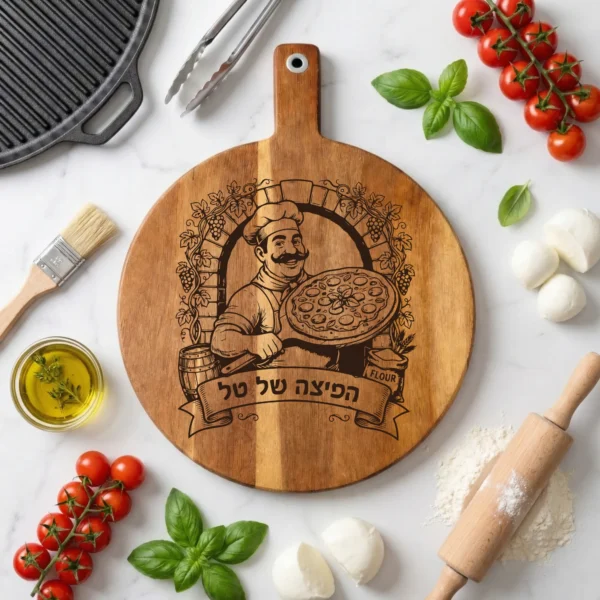 קרש חיתוך לפיצה בהתאמה אישית – מתנת פרימיום עם חריטה לאוהבי פיצה