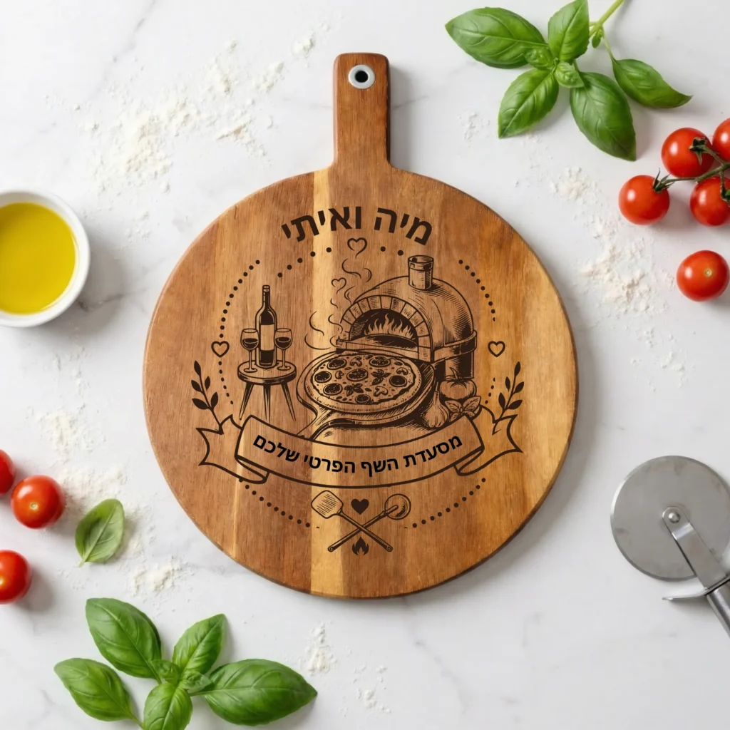 ⁦קרש חיתוך פיצה מותאם אישית – מתנה ייחודית לחנוכת בית או ליום הולדת⁩ – תמונה ⁦2⁩